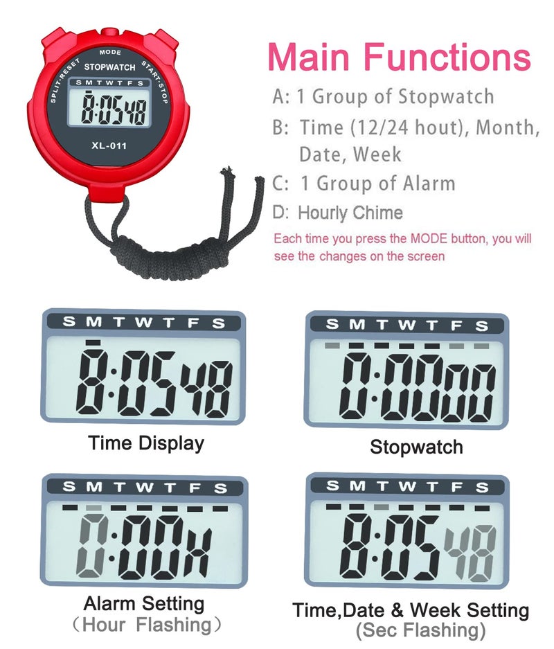 BESTWYA Simple Stopwatch, BESTWYA Large LCD Screen Handheld Count Up Timer with Time Calendar Clock Function (Pack of 4,B) - Image 3